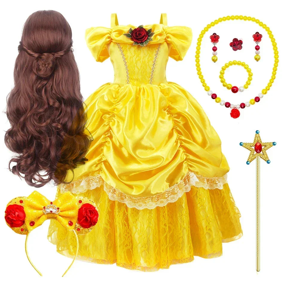 Girls Princess Gown Costume with Tiara and Gloves – Complete Belle-Inspired Dress-Up Set for Birthday – alternate product vie