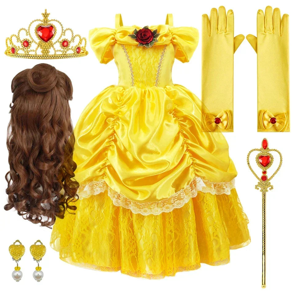 Girls Princess Gown Costume with Tiara and Gloves – Complete Belle-Inspired Dress-Up Set for Birthday – alternate product vie