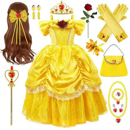 Girls Princess Gown Costume with Tiara and Gloves – Complete Belle-Inspired Dress-Up Set for Birthday