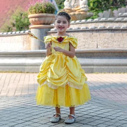Girls Princess Gown Costume with Tiara and Gloves – Complete Belle-Inspired Dress-Up Set for Birthday – alternate product vie