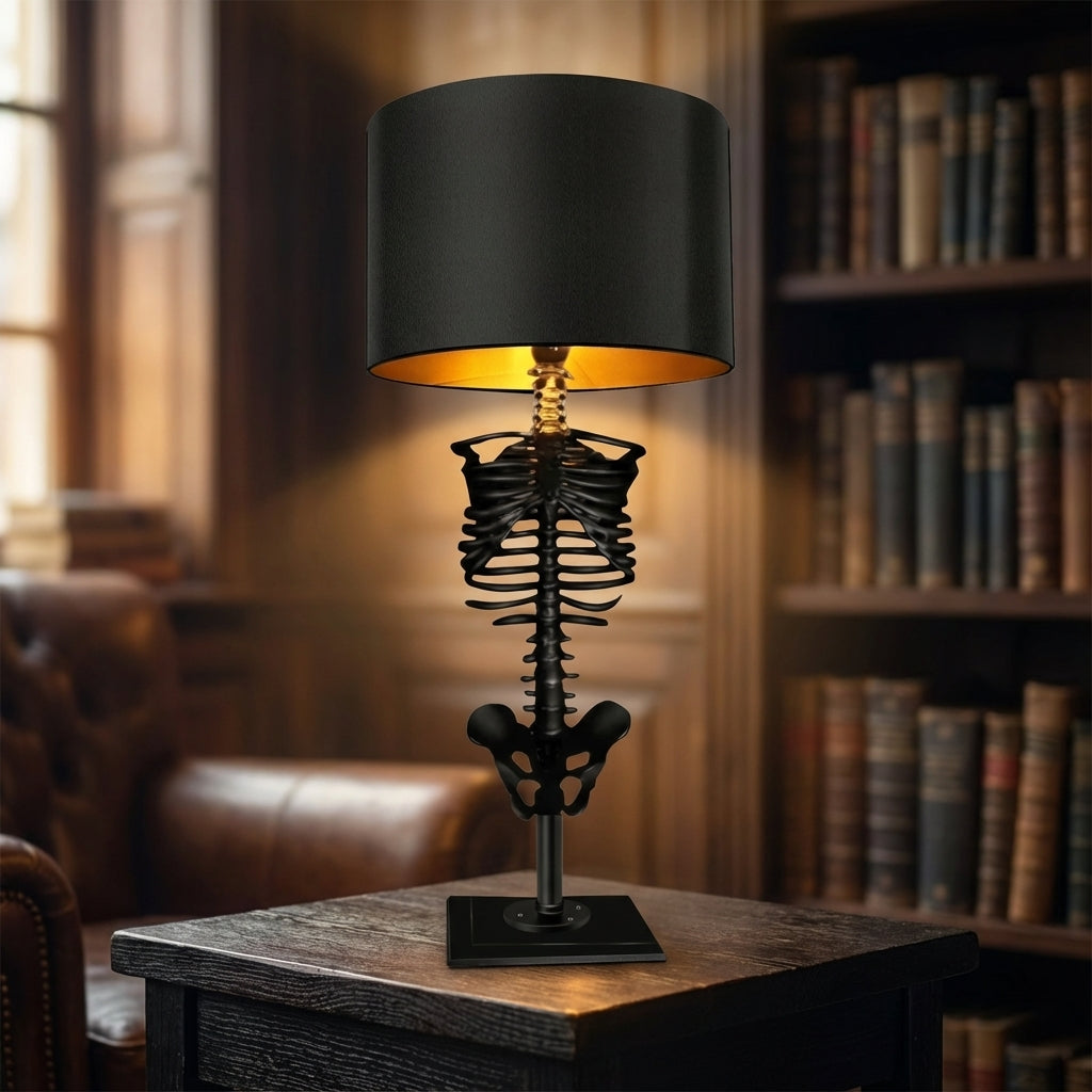 Resin Skeleton Desk Lamp 13.8 in Black Gothic Bedside Accent Light Warm Atmospheric Mood Lighting for