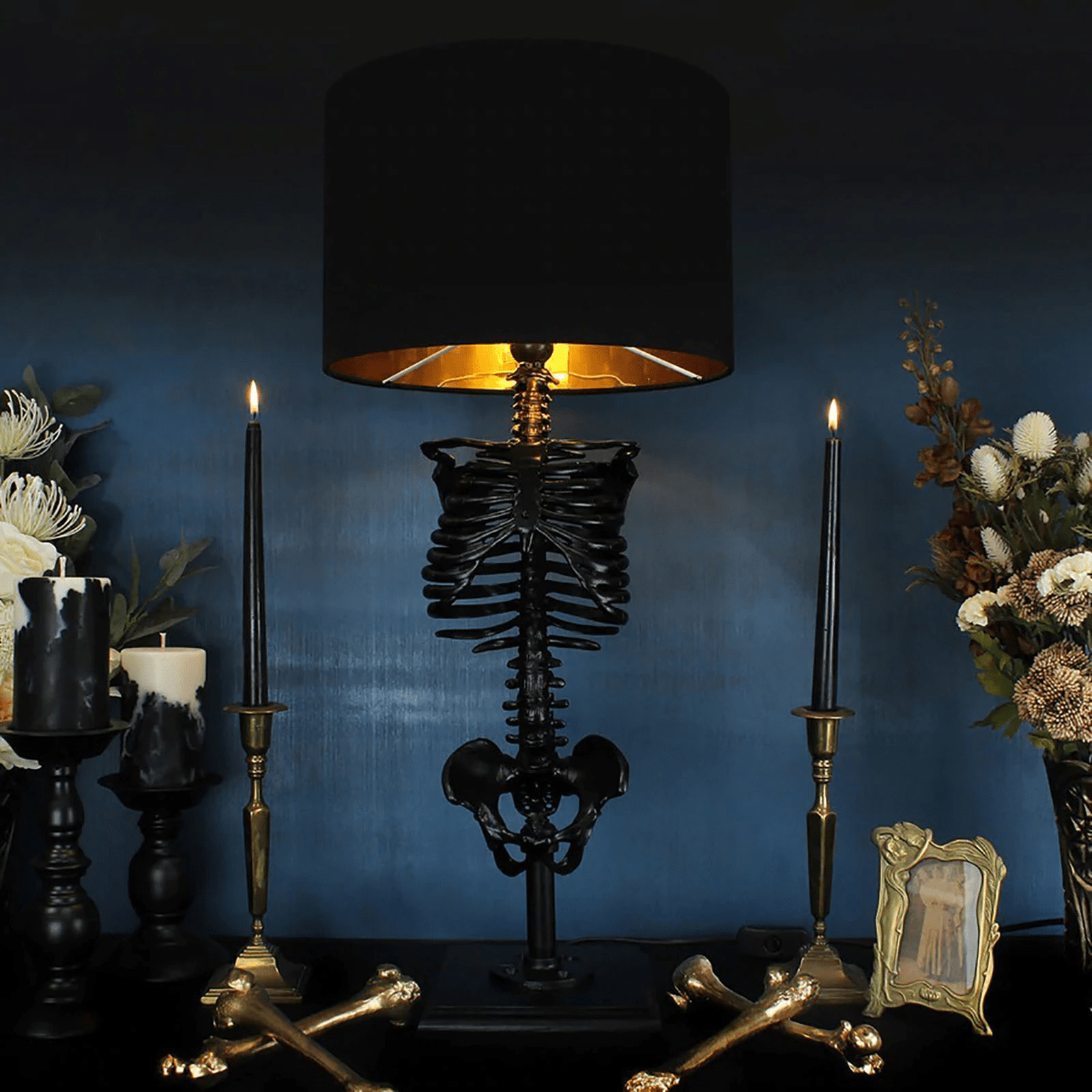 Resin Skeleton Desk Lamp 13.8 in Black Gothic Bedside Accent Light Warm Atmospheric Mood Lighting for – alternate product vie