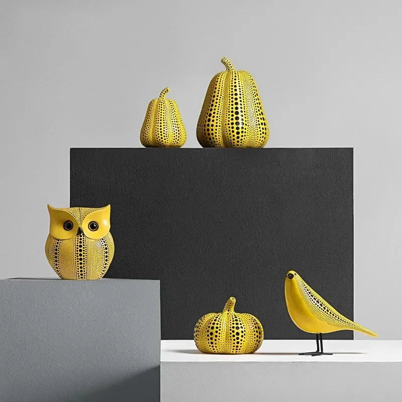 Yellow Resin Figurines Tabletop Accents Set Contemporary Shelf Decor Owl Pear Pumpkin Bird Sculptures 8