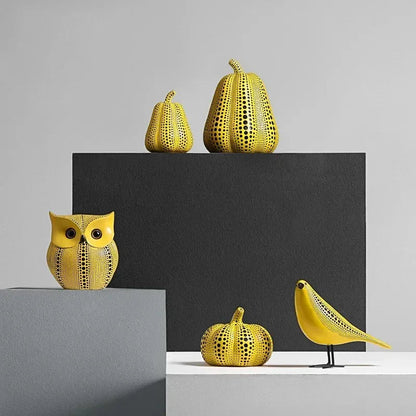 Yellow Resin Figurines Tabletop Accents Set Contemporary Shelf Decor Owl Pear Pumpkin Bird Sculptures 8