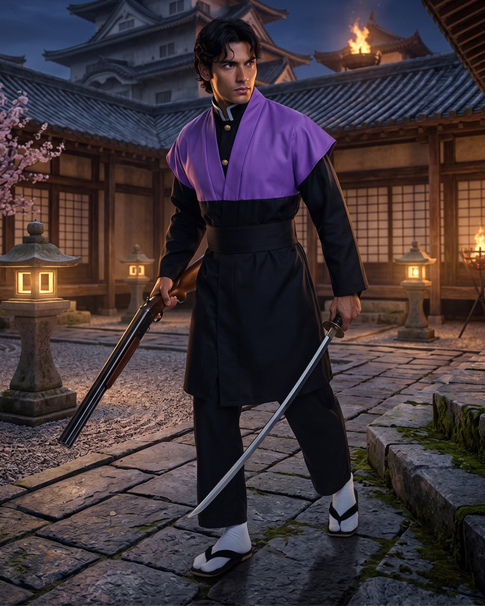 Mens Demon Hunter Costume Japanese Slayer Purple Sleeveless Kimono and Black Uniform Suit for Halloween