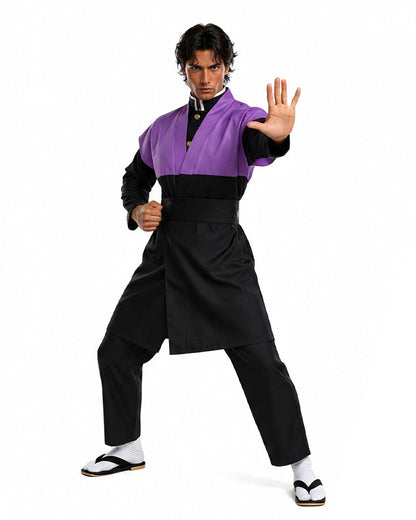 Mens Demon Hunter Costume Japanese Slayer Purple Sleeveless Kimono and Black Uniform Suit for Halloween – alternate product v