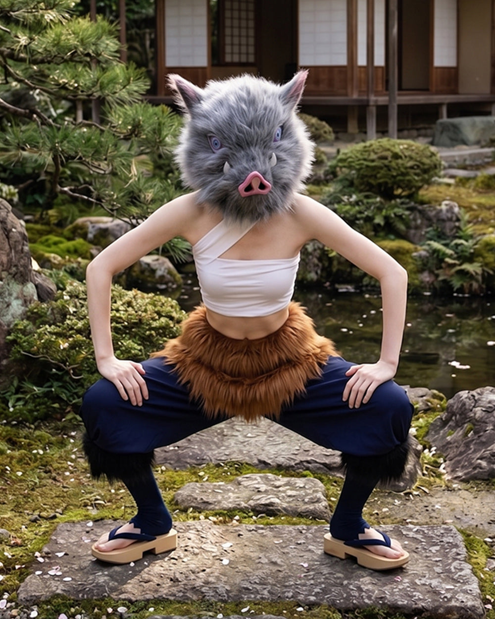 Women Wild Beast Costume White Tube Top Faux Fur Skirt and Blue Pants Socks Wraps Set for Halloween