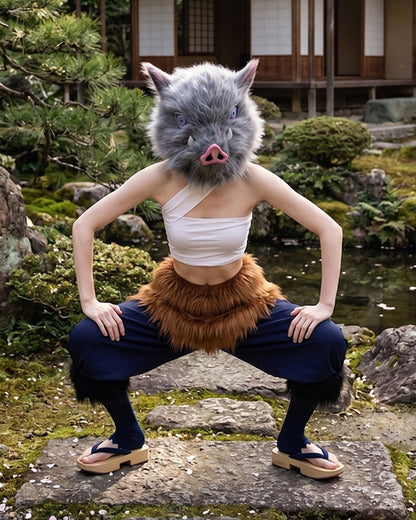 Women Wild Beast Costume White Tube Top Faux Fur Skirt and Blue Pants Socks Wraps Set for Halloween
