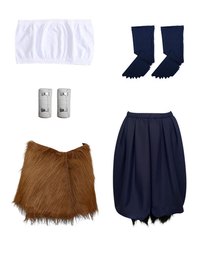 Women Wild Beast Costume White Tube Top Faux Fur Skirt and Blue Pants Socks Wraps Set for Halloween – alternate product view 