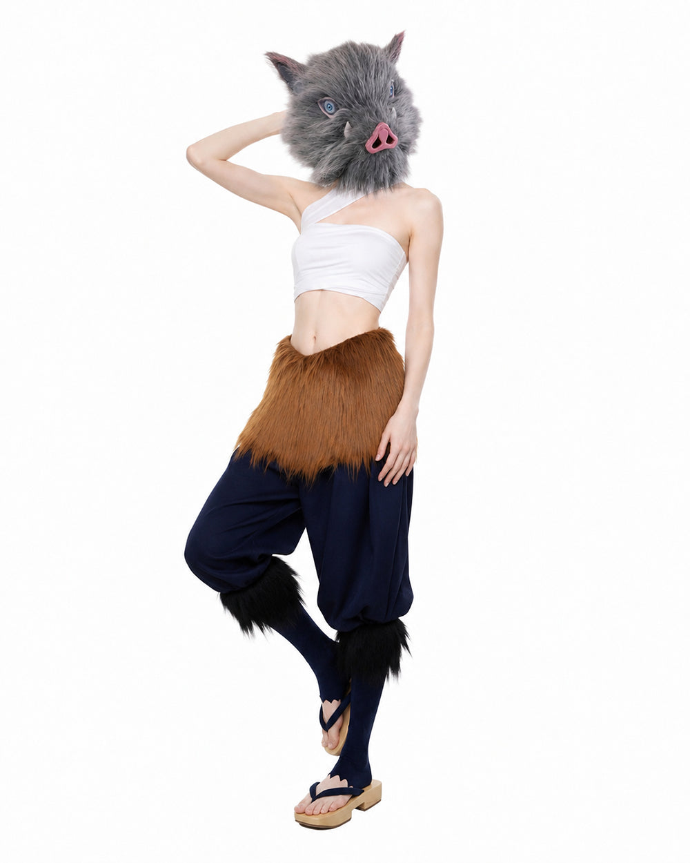 Women Wild Beast Costume White Tube Top Faux Fur Skirt and Blue Pants Socks Wraps Set for Halloween – alternate product view 