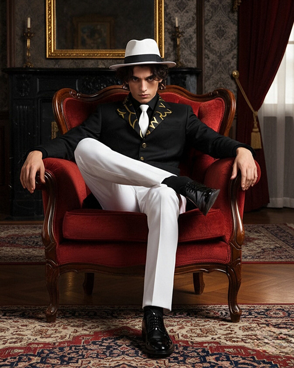 Mens Demon King Costume Black Jacket Pants Shirt and Hat Suit for Dress-up Party