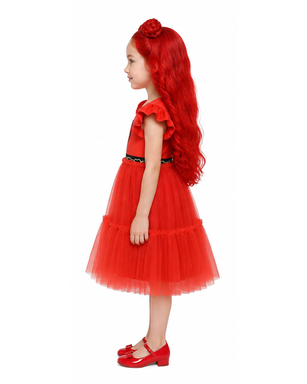 Girls Red Princess Dress Heart Print Flutter Sleeve Layered Tulle Dress for Halloween Cosplay – alternate product view 2