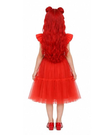 Girls Red Princess Dress Heart Print Flutter Sleeve Layered Tulle Dress for Halloween Cosplay – alternate product view 3