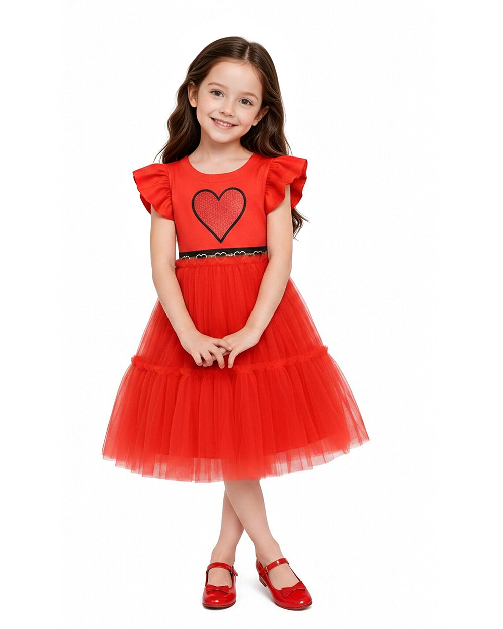 Girls Red Princess Dress Heart Print Flutter Sleeve Layered Tulle Dress for Halloween Cosplay – alternate product view 5
