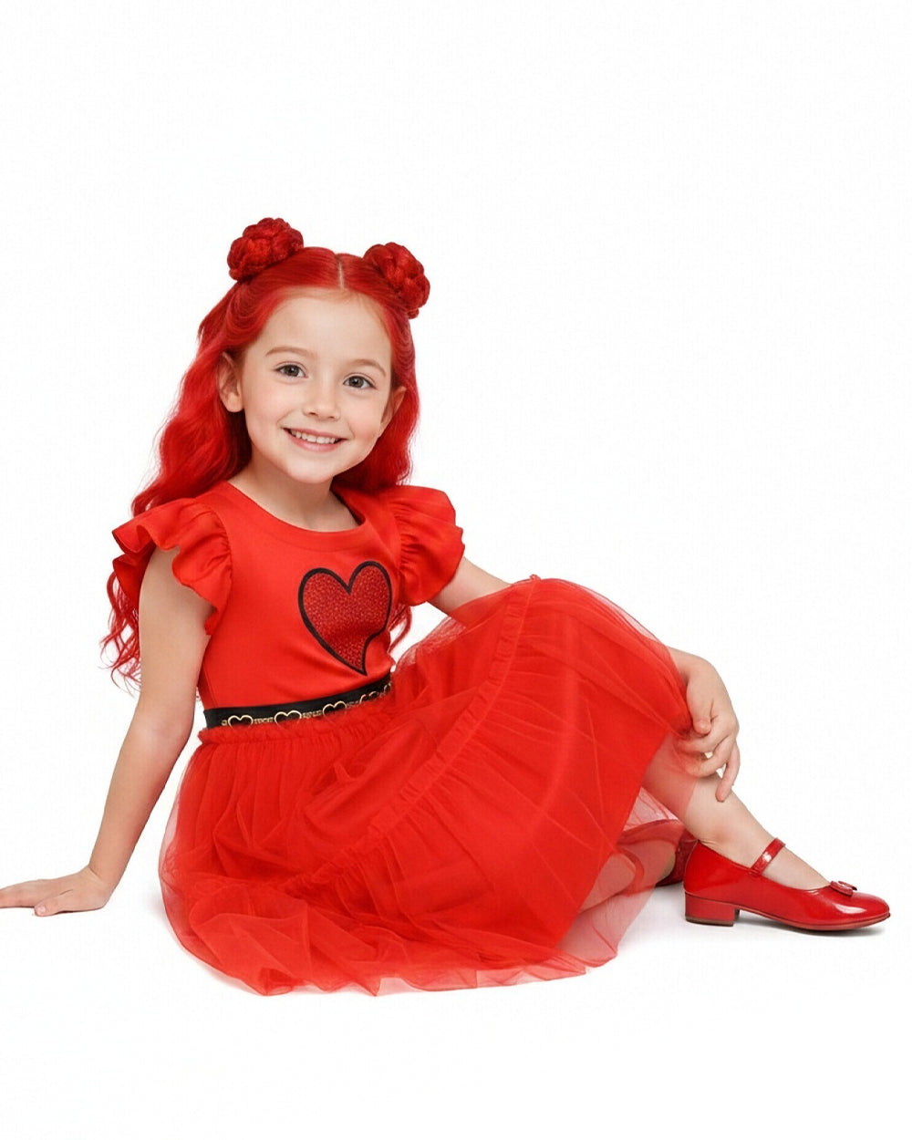 Girls Red Princess Dress Heart Print Flutter Sleeve Layered Tulle Dress for Halloween Cosplay – alternate product view 4