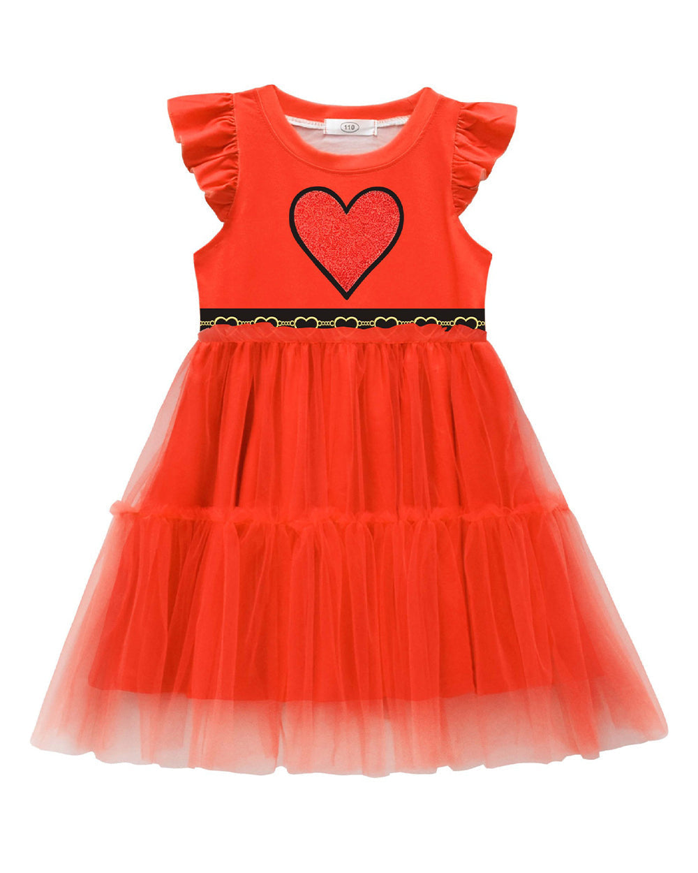 Girls Red Princess Dress Heart Print Flutter Sleeve Layered Tulle Dress for Halloween Cosplay – alternate product view 6