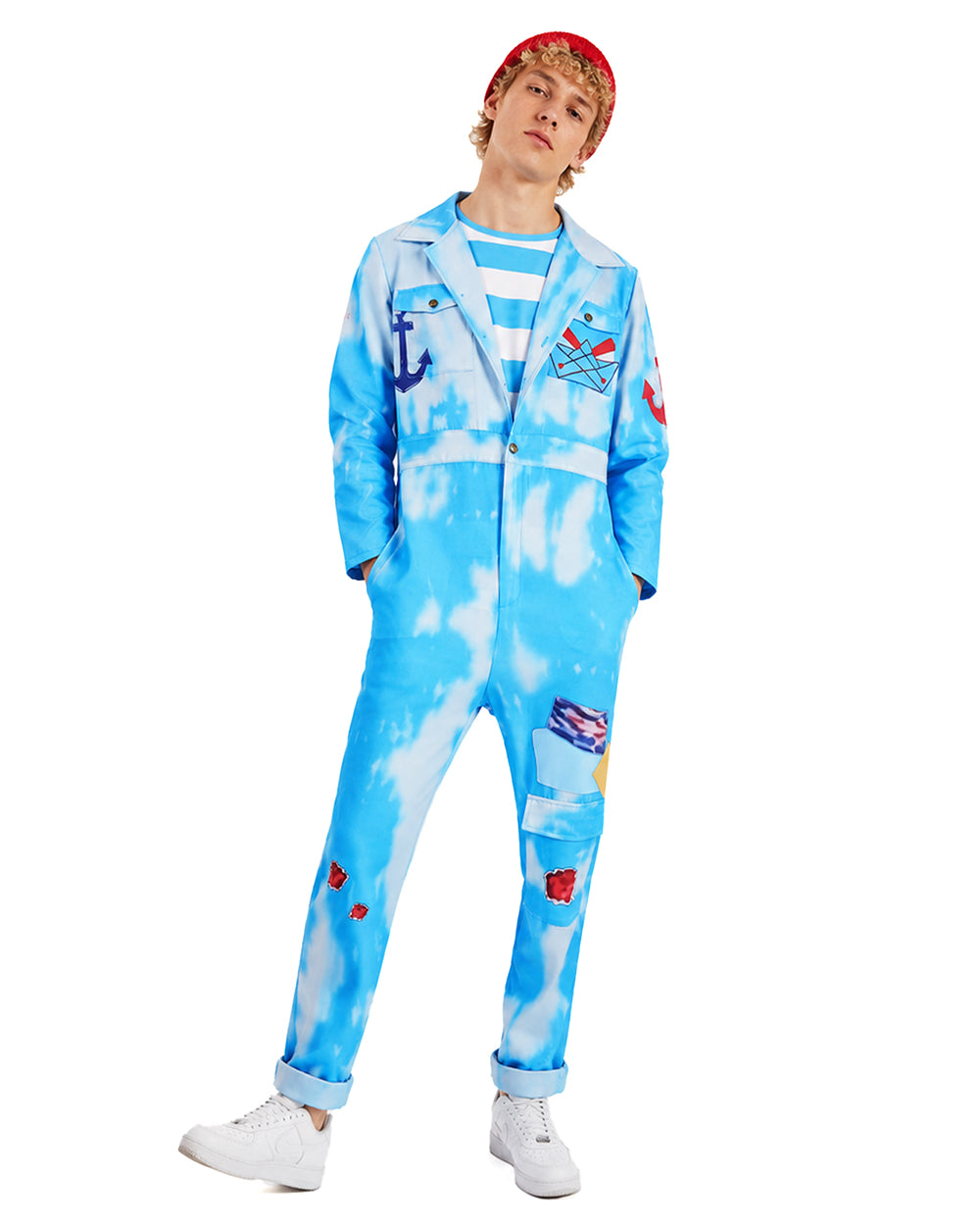 Royal Sailor Twin Costume Blue Jumpsuit with Striped Shirt and Hat for Kids Adults Halloween Cosplay