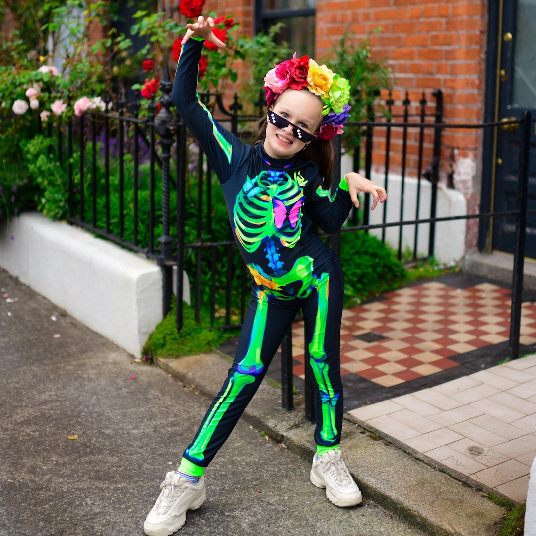 Girls' Glow-in-the-Dark Skeleton Halloween Jumpsuit