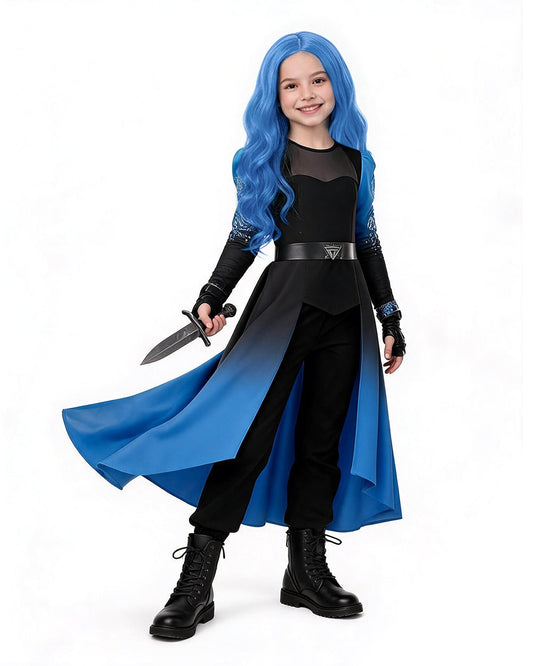 Princess Chloe Costume Blue Gradient Long Sleeve Cape Top Pants Belt and Gloves for Girls Women Dress-up