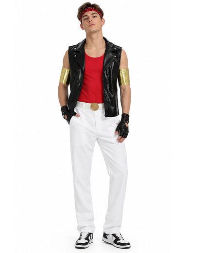 80s Retro Supervillain Costume Dancing Bad Boy Black Vest White Pants 8pcs Suit for Halloween Carnival