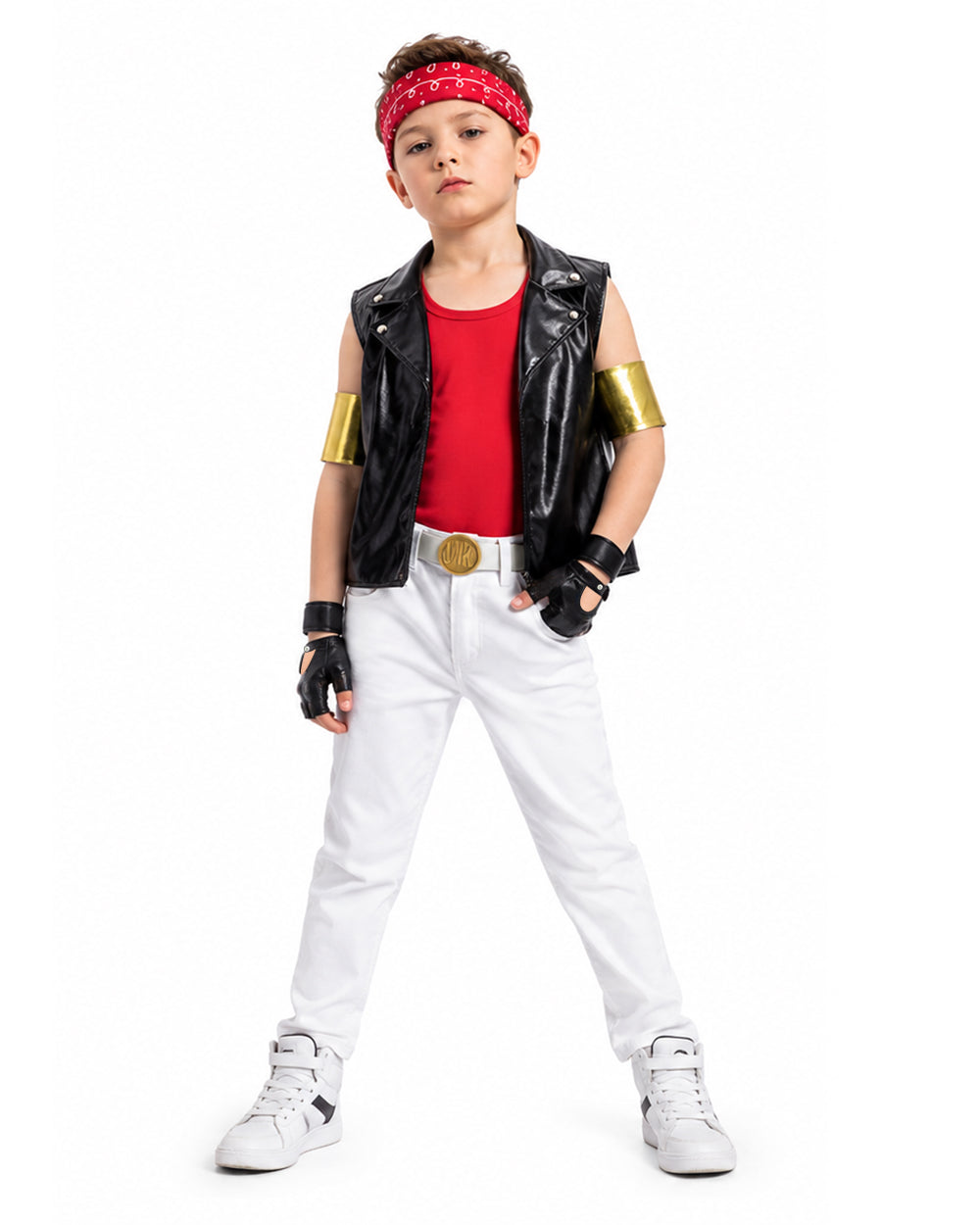 80s Retro Supervillain Costume Dancing Bad Boy Black Vest White Pants 8pcs Suit for Halloween Carnival – alternate product vi